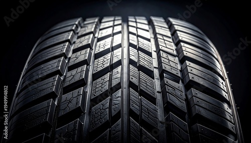Closeup black tire tread pattern, automotive detail, modern texture, rubber surface, macro shot, emphasizing durability and safety for transportation and engineering themes.