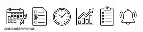 Set of black line icons for business productivity, featuring a calendar, checklist, clock, growth graph, clipboard, and notification bell for time management concepts