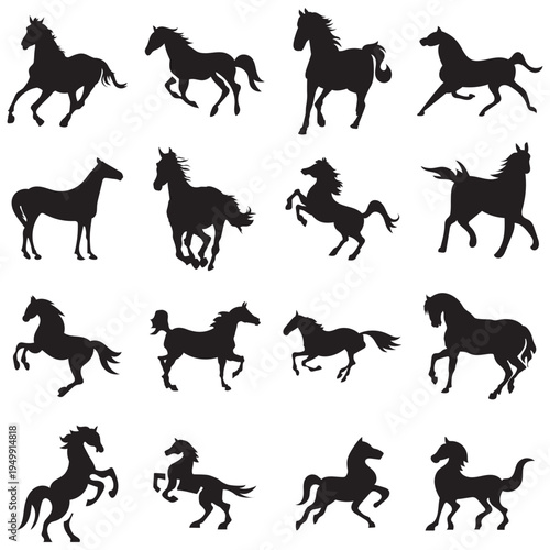 Running Horses icon Chinese Calligraphy design. Collection of black horse silhouettes in dynamic poses, ideal for logos, branding, tattoos, and equestrian or western themed designs.