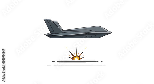 Stealth Aircraft Illustration with Explosion Effect, Modern Military Technology.