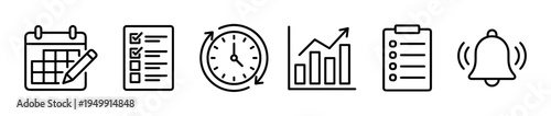 Set of black line icons for time management and business productivity, featuring a calendar, checklist, clock, growth chart, clipboard, and notification bell for interface design