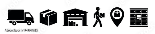 Set of black logistics and delivery icons showing a truck, cardboard box, warehouse, courier, location pin, and parcel locker for shipping and distribution