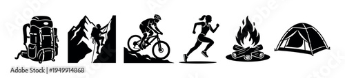 Set of black outdoor activity icons featuring a backpack, mountain climbing, cycling, running, a campfire, and a tent for adventure, recreation, and travel concepts