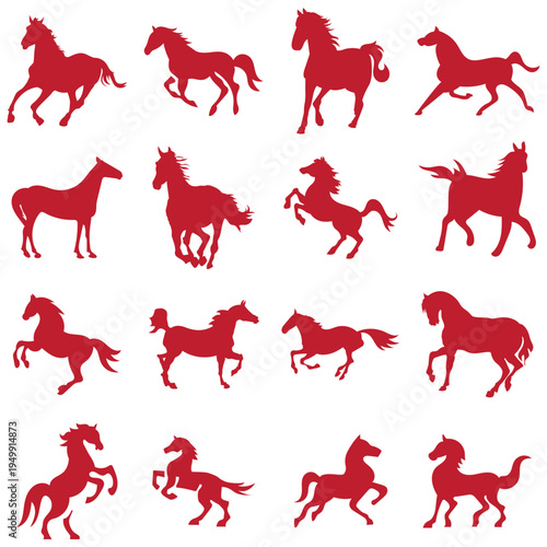 Running Horses icon Chinese Calligraphy design. Collection of black horse silhouettes in dynamic poses, ideal for logos, branding, tattoos, and equestrian or western themed designs.