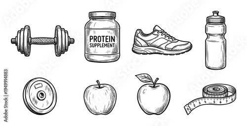 Collection of hand-drawn fitness equipment icons including a dumbbell, protein, sneaker, water bottle, weight plate, apple, and measuring tape in a vintage sketch style