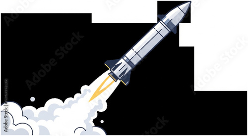 Rocket Launching into Space with Flames and Smoke.