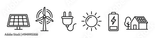 Collection of renewable energy line icons including a solar panel, wind turbine, electric plug, sun, battery, and a sustainable house in a simple black outline style