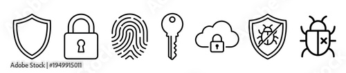 Set of black line cybersecurity icons including a shield, padlock, fingerprint, key, cloud lock, antivirus, and bug symbol for digital data protection and privacy concepts