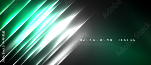 Abstract diagonal lines create vibrant green, white gradient. Dark background emphasizes glowing effect. Modern design element.