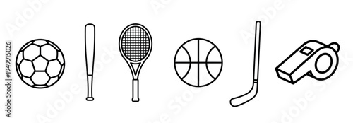 Collection of sports equipment icons including a soccer ball, baseball bat, tennis racket, basketball, hockey stick, and whistle in a simple black outline vector style