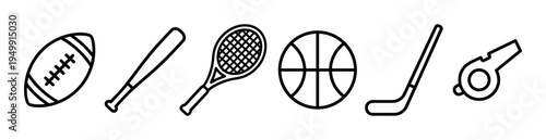 Set of black line art sports equipment icons including a football, baseball bat, tennis racket, basketball, hockey stick, and whistle in a minimalist graphic style
