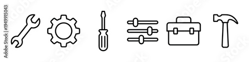 Set of black line art icons featuring a wrench, gear, screwdriver, settings sliders, toolbox, and hammer, representing concepts of repair, maintenance, and configuration