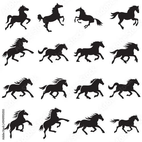 Running Horses icon Chinese Calligraphy design. Collection of black horse silhouettes in dynamic poses, ideal for logos, branding, tattoos, and equestrian or western themed designs.