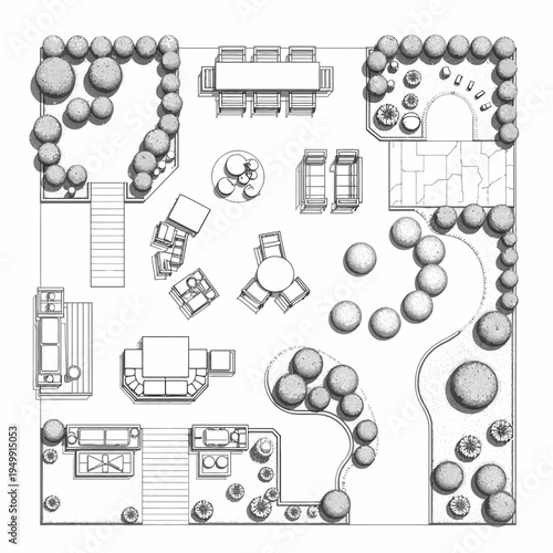 Detailed line art top-view architectural floor plan of an outdoor patio and residential backyard garden, showcasing furniture layout and landscaping elements.