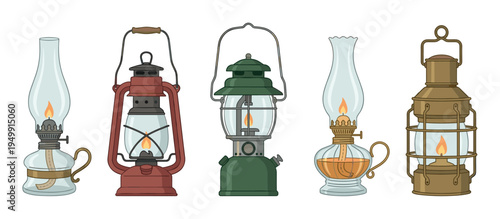 Five different vintage oil lamps and kerosene lanterns are shown in a row, featuring various classic designs with burning wicks and glass chimneys in a detailed illustration