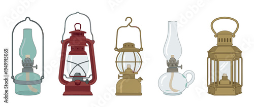 Collection of vintage oil and kerosene lanterns in various styles and colors, including a classic hurricane lamp, rendered in a clean, flat illustration style