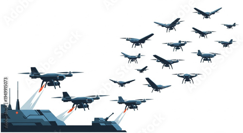 Drone Swarm Launching from a Futuristic Military Base.