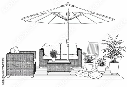 Clean black and white line art vector drawing of an outdoor dining patio set with a sun umbrella, chairs, and potted plants.