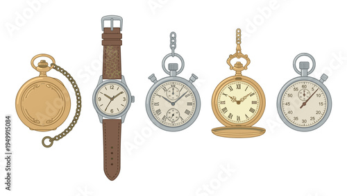 Collection of vintage watches and stopwatches including gold and silver pocket watches with chains and a classic wristwatch with a brown leather strap in a detailed illustration style