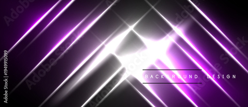 Abstract neon lines intersect, creating bright light effects. Dark background emphasizes glowing purple, white streaks. Modern design element.
