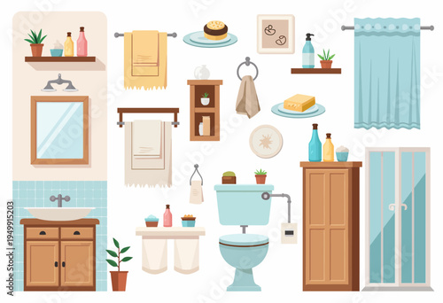Collection of isometric flat vector icons featuring complete bathroom vanity setups, mirrors, and sanitary fixtures for domestic interior design planning.