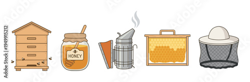 Set of beekeeping and honey production illustrations featuring a wooden beehive, honey jar, smoker, honeycomb frame, and a protective hat with veil in a flat cartoon vector style