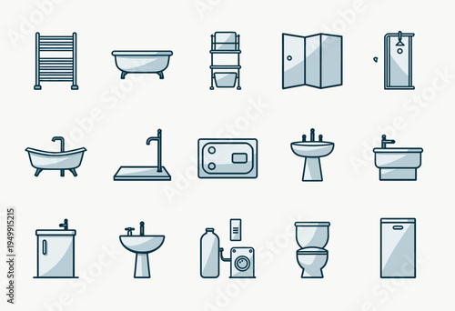 Extensive flat vector icon collection of bathroom elements and sanitary equipment, perfect for architectural floor plans and interior decor layouts.