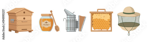 Beekeeping equipment and honey production icon set with a wooden beehive, jar of honey, bee smoker, honeycomb frame, and protective hat in a flat vector illustration style