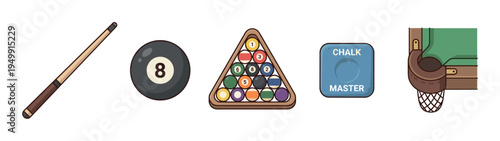 Collection of pool game equipment icons including a cue stick, eight ball, racked balls, chalk, and a table corner pocket in a flat cartoon illustration style