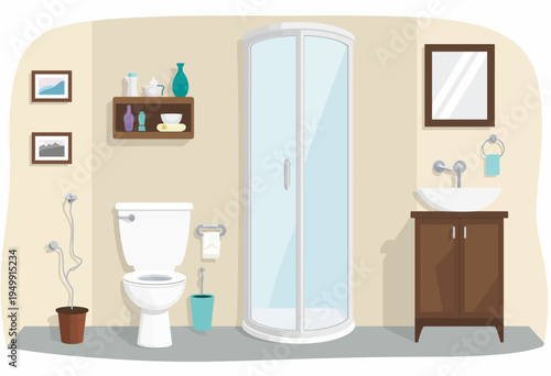 Vertical flat vector drawing of a modern residential bathroom interior featuring a clean glass shower enclosure, a sleek vanity, and elegant decor.