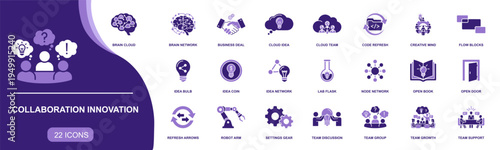 Collaboration Innovation icon set. Containing brain cloud, business deal, cloud idea, code refresh, idea bulb, lab flask, team support, robot arm and more. Solid vector icons collection.