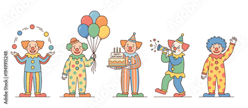 Set of five cute cartoon clowns celebrating a birthday party with a cake, balloons, juggling, and a party horn in a fun, colorful flat illustration style