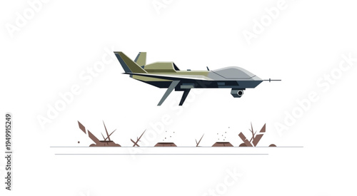 Military Drone Flying Over Barbed Wire Obstacles on a White Background.