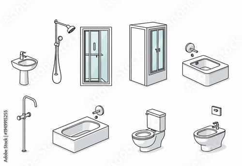 Collection of highly detailed isometric vector graphics illustrating modern bathroom elements like glass showers, freestanding tubs, and sleek vanities.