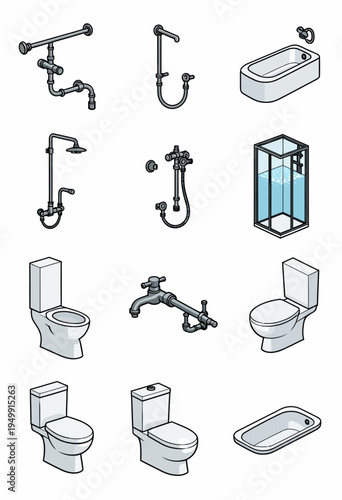 Set of clean isometric vector icons displaying various bathroom plumbing fixtures including bathtubs, sinks, and toilets for interior design projects.