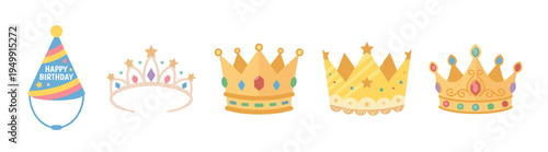 Set of colorful party hats and crowns for celebrations, including a birthday cone, a delicate tiara, and royal headwear in a cute cartoon vector illustration style