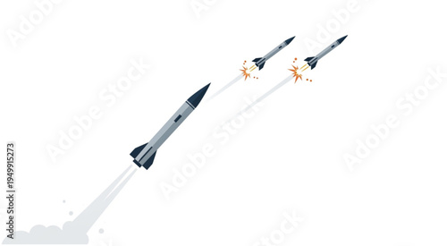 Missiles Launching with Smoke Trails Against a White Background.
