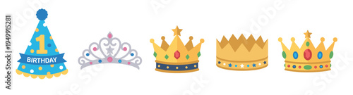 Collection of colorful party headwear including a first birthday hat, a princess tiara, and several golden royal crowns with gems and stars in a flat vector illustration style