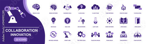 Collaboration icon set. Containing brain mind, business deal, chain link, chat bubble, people group, team folder, team meeting, shield guard and more. Solid vector icons collection.
