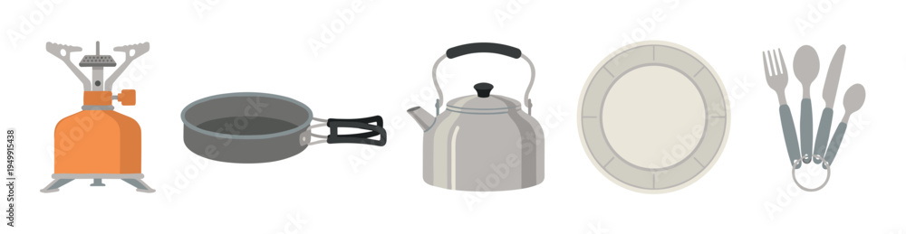 Obraz premium Set of camping cooking equipment including a portable stove, pot, kettle, plate, and cutlery, illustrated in a simple flat vector style for outdoor adventure concepts