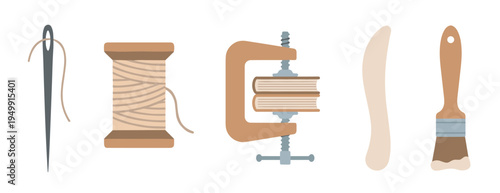 Set of traditional bookbinding tools including a needle, thread, book press, bone folder, and glue brush, presented in a flat minimalist vector illustration for crafting concepts