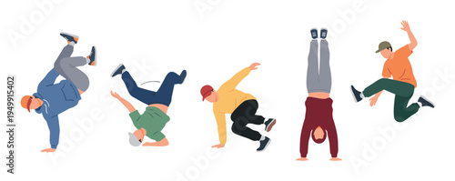 Set of diverse young men breakdancing in modern streetwear, a collection of male characters performing energetic hip-hop moves like handstands and freezes in a flat vector style
