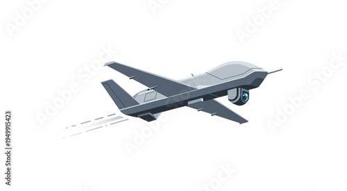 Illustration of a gray military drone in flight with contrails.