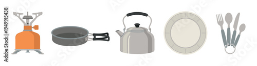 Set of camping cooking equipment including a portable stove, pot, kettle, plate, and cutlery, illustrated in a simple flat vector style for outdoor adventure concepts