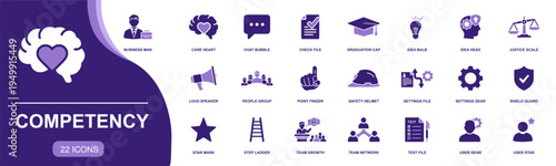 Competency icon set. Containing business man, care heart, check file, graduation cap, idea bulb, safety helmet, team growth, test file, user star and more. Solid vector icons collection.