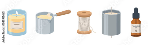 Candle making equipment and ingredients illustration featuring melted wax, a wick spool, fragrance oil, a mold, and a finished lit candle in a glass jar