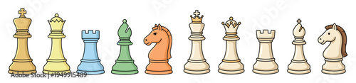 Colorful cartoon collection of chess pieces including king, queen, rook, bishop, and knight lined up in a row, a playful and simple doodle style illustration of a classic game