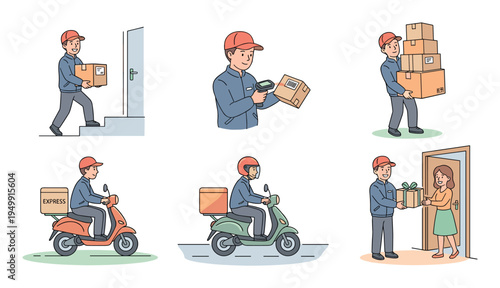 Set of delivery service illustrations showing a courier carrying parcels, scanning a barcode, riding a scooter, and handing a package to a customer at their door in a cartoon style