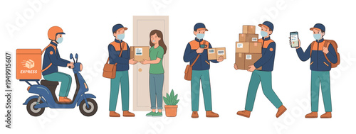 Set of delivery service illustrations showing a courier in a face mask riding a scooter, handing a parcel to a customer, scanning a barcode, and carrying boxes for shipping