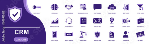CRM icon set. Containing access key, business deal, calendar check, growth chart, headset call, mail alert, user chart, shield lock, VIP ticket and more. Solid fill vector icons collection.